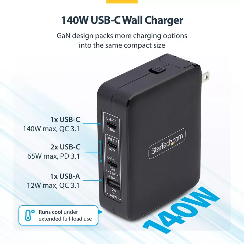 StarTech.com 140W USB-C seinakruvi, 3x USB-C/1x USB-A, PD 3.1 rahvusvaheline GaN toiteadapter MacBookile/Dell XPSile/Inspironile