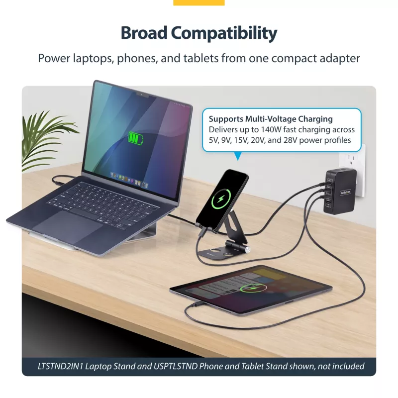 StarTech.com 140W USB-C seinakruvi, 3x USB-C/1x USB-A, PD 3.1 rahvusvaheline GaN toiteadapter MacBookile/Dell XPSile/Inspironile