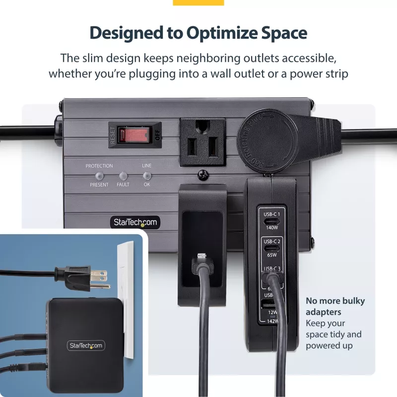 StarTech.com 140W USB-C seinakruvi, 3x USB-C/1x USB-A, PD 3.1 rahvusvaheline GaN toiteadapter MacBookile/Dell XPSile/Inspironile