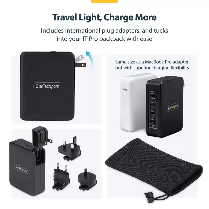 StarTech.com 140W USB-C seinakruvi, 3x USB-C/1x USB-A, PD 3.1 rahvusvaheline GaN toiteadapter MacBookile/Dell XPSile/Inspironile