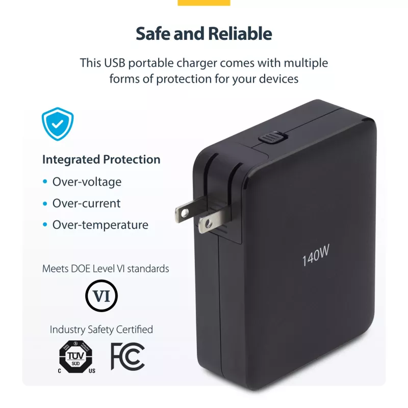 StarTech.com 140W USB-C seinakruvi, 3x USB-C/1x USB-A, PD 3.1 rahvusvaheline GaN toiteadapter MacBookile/Dell XPSile/Inspironile