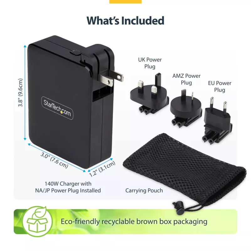 StarTech.com 140W USB-C seinakruvi, 3x USB-C/1x USB-A, PD 3.1 rahvusvaheline GaN toiteadapter MacBookile/Dell XPSile/Inspironile