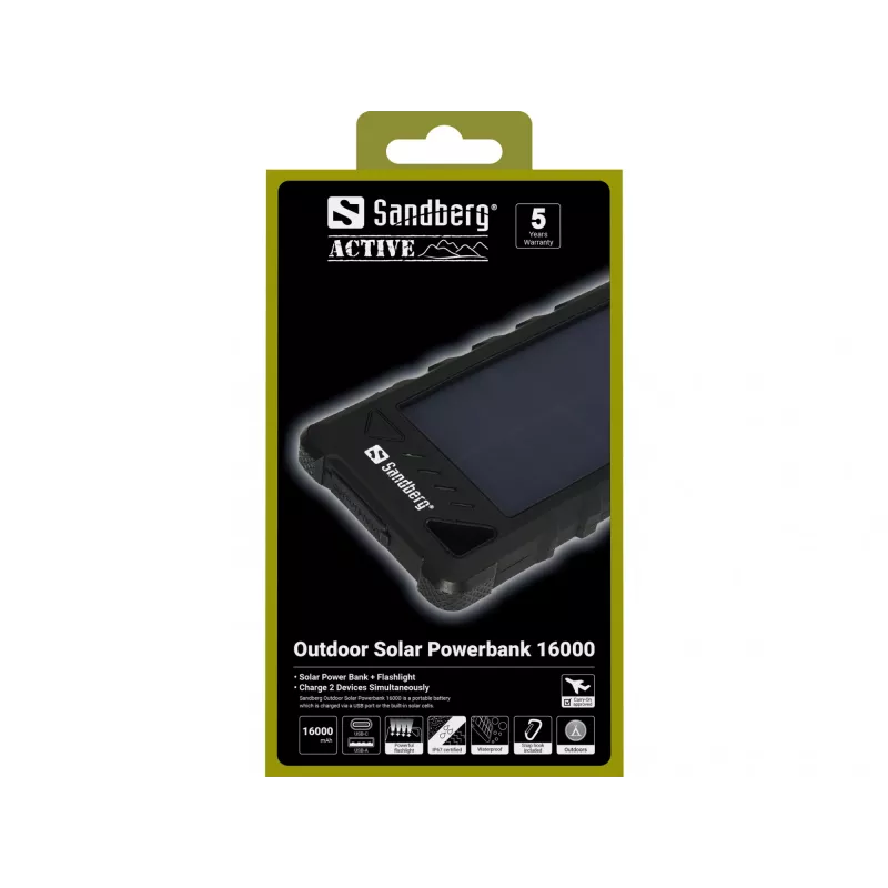 Sandberg Outdoor Solar Powerbank 16000, 16000 mAh, liitiumioon (Li-Ion), must