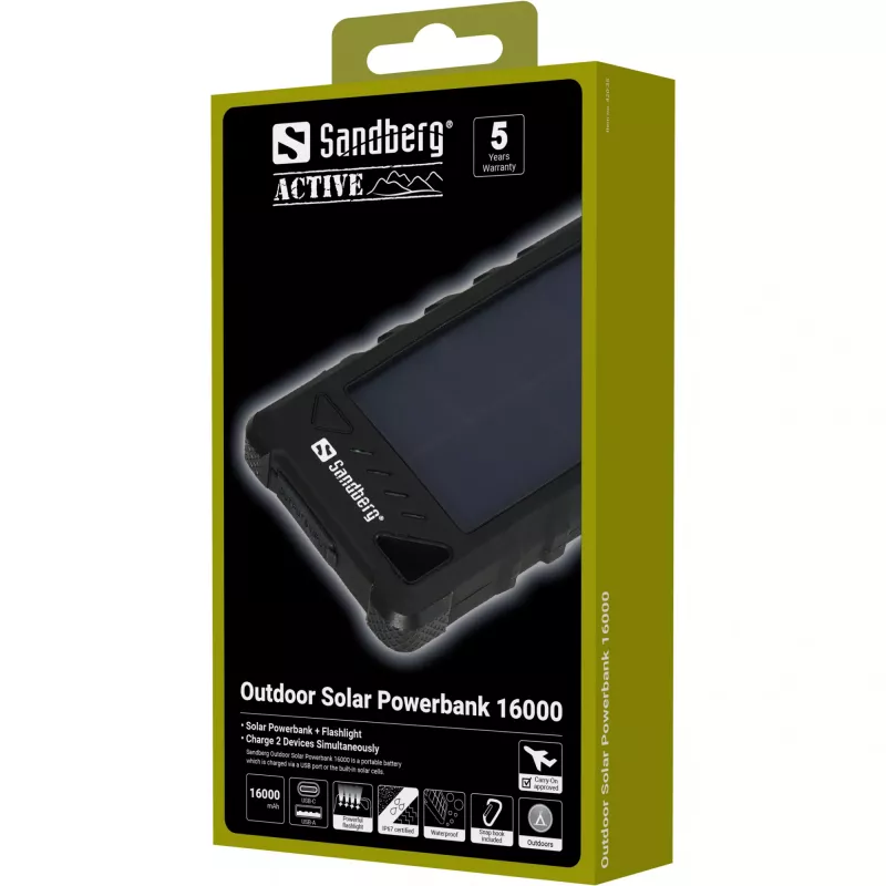 Sandberg Outdoor Solar Powerbank 16000, 16000 mAh, liitiumioon (Li-Ion), must