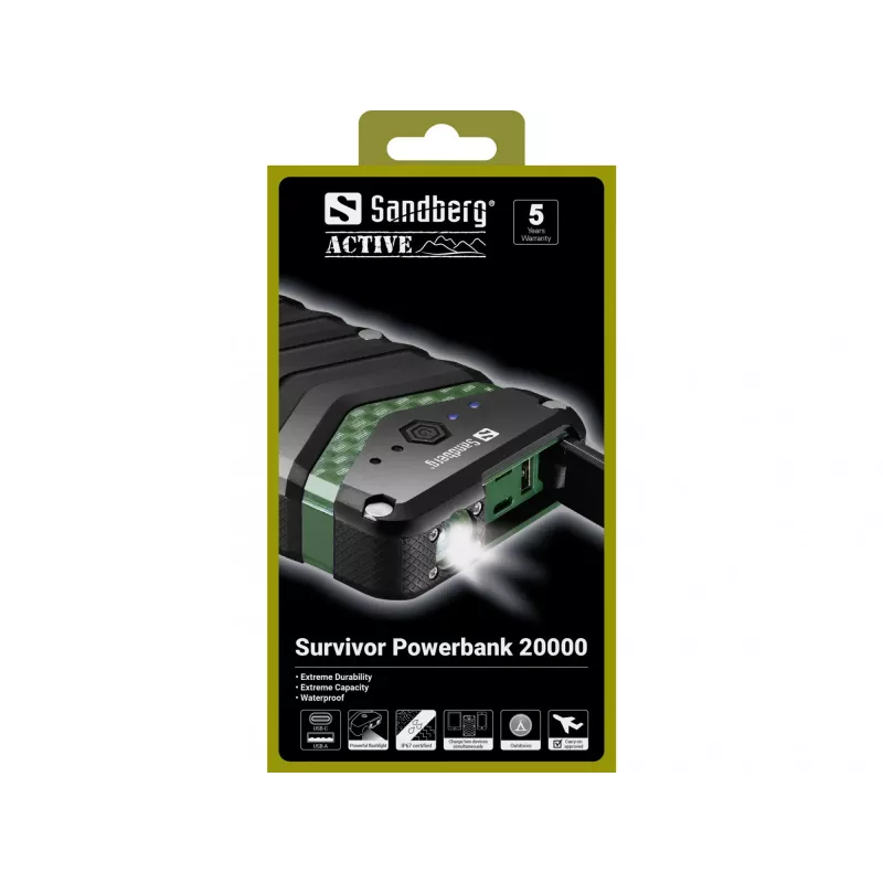Sandberg Survivor akupank 20000, 20000 mAh, liitiumioon (Li-Ion), must, roheline