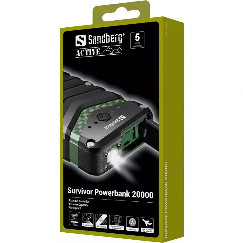 Sandberg Survivor akupank 20000, 20000 mAh, liitiumioon (Li-Ion), must, roheline