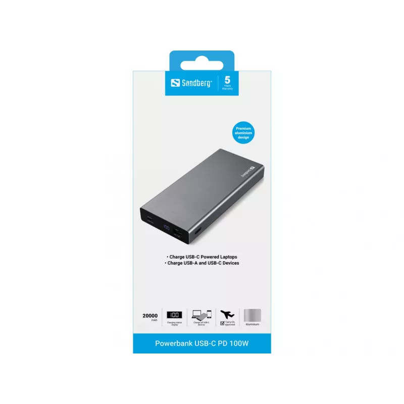 Sandberg Akupank USB-C PD 100W 20000, 20000 mAh, liitiumioon (Li-Ion), Quick Charge 3.0, 100 W, hall