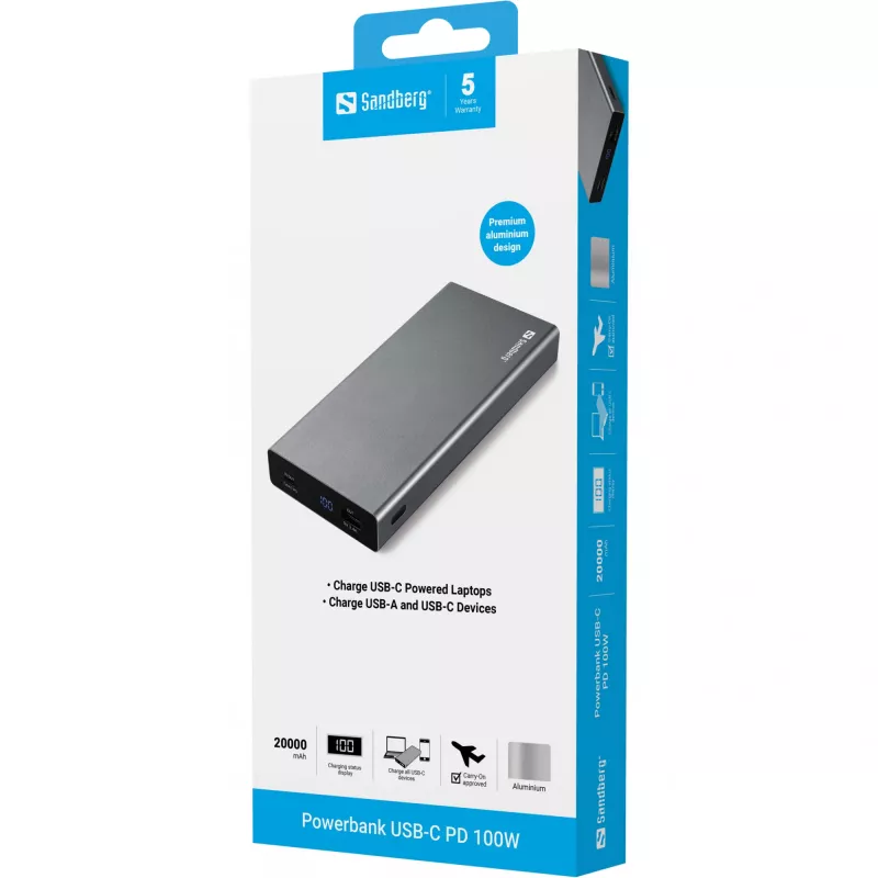Sandberg Akupank USB-C PD 100W 20000, 20000 mAh, liitiumioon (Li-Ion), Quick Charge 3.0, 100 W, hall