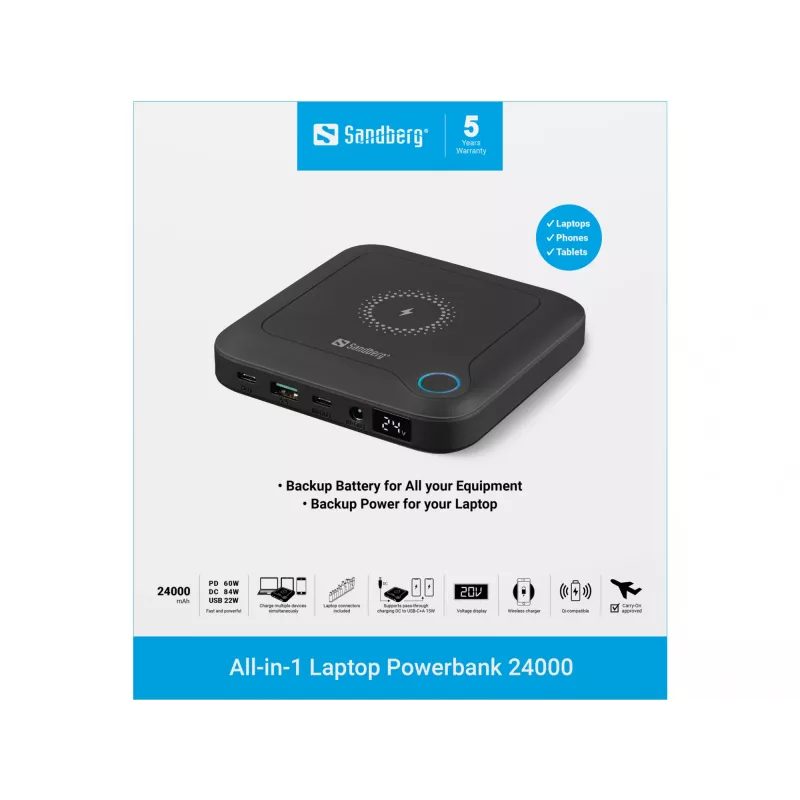 Sandberg All-in1 sülearvuti akupank 24000, 24000 mAh, Quick Charge 2.0, juhtmevaba laadimine, must