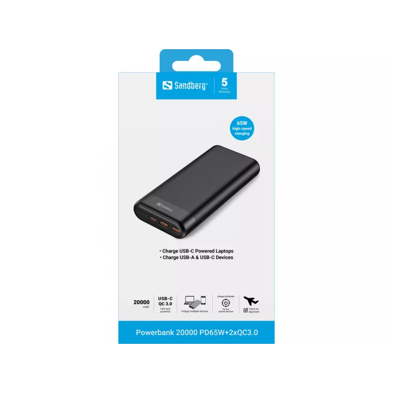 Sandbergi akupank 20000 PD65W+2xQC3.0, 20000 mAh, liitium-ioon (Li-Ion), Quick Charge 3.0, 65 W, must