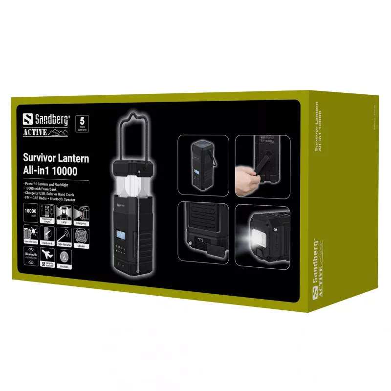 Sandberg Survivor Lantern All-in1 10000, patareitoitel matkalatern, must, IPX5, LED, USB C, aku