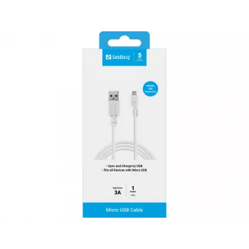 Sandberg USB-AMicroUSB laadimiskaabel 1 m, 1 m, USB A, Micro-USB B, USB 2.0, isane/isane, valge