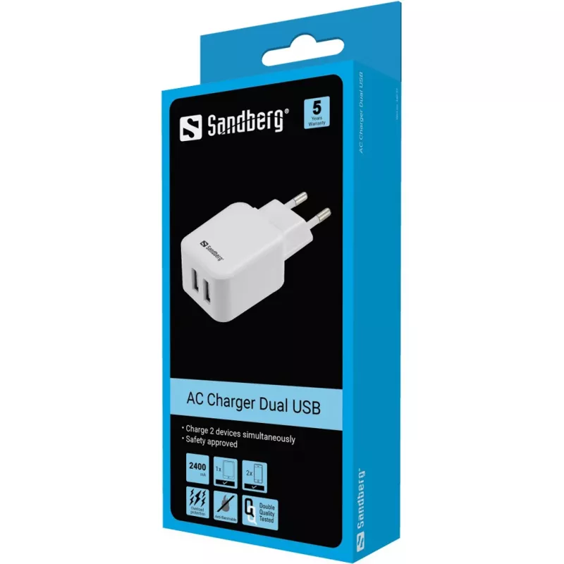 Sandberg AC Charger Dual USB 2.4+1A EL, siseruumides, vahelduvvool, USB, 5 V, must, valge