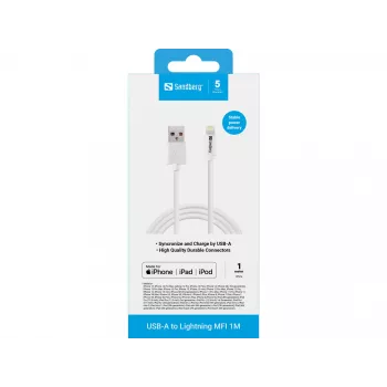Sandberg USB-A to Lightning MFI 1M, 1 m, Lightning, USB A, Valge, Straight, Straight