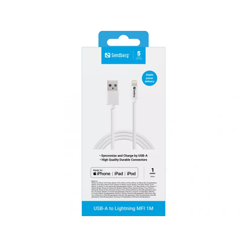 Sandberg USB-A to Lightning MFI 1M, 1 m, Lightning, USB A, Valge, Straight, Straight