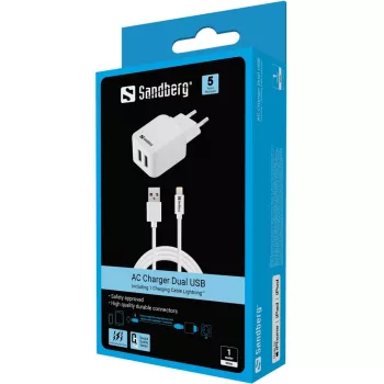 Sandberg vahelduvvoolu laadija EU Lightning 2.4A, siseruumides, vahelduvvool, 5 V, valge