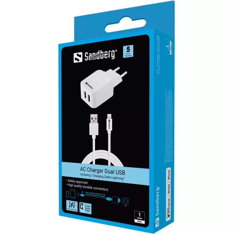 Sandberg vahelduvvoolu laadija EU Lightning 2.4A, siseruumides, vahelduvvool, 5 V, valge