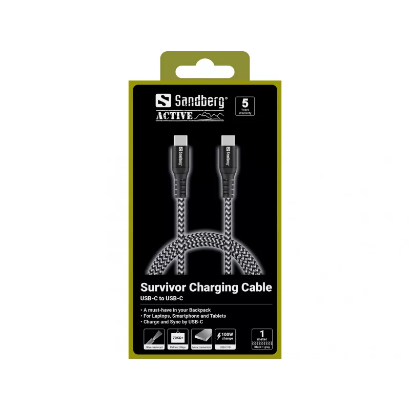 Sandberg Survivor USB-C kaabel 1M 100W, 1 m, USB C, USB C, USB 2.0, Must, Hall