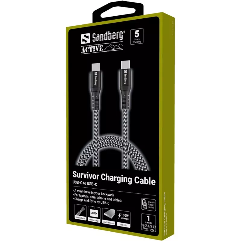 Sandberg Survivor USB-C kaabel 1M 100W, 1 m, USB C, USB C, USB 2.0, Must, Hall