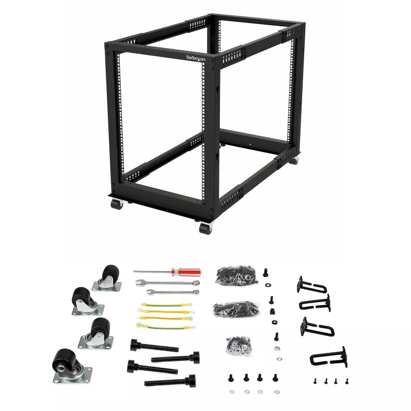 StarTech.com 4-Post 15U Mobile Open Frame Server Rack, Four Post 19 inch võrk Rack with Wheels, Rolling Rack with Adjustable Depth for Computer/AV/Data/IT Equipment - Casters, Leveling Feet or Floor Mounting