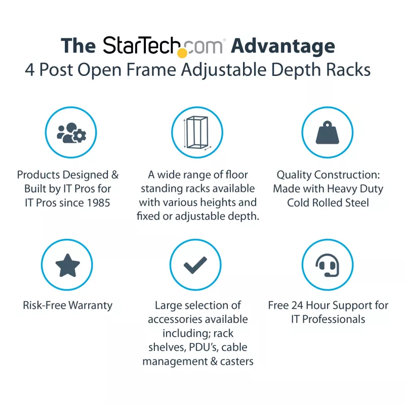 StarTech.com 4-Post 15U Mobile Open Frame Server Rack, Four Post 19 inch võrk Rack with Wheels, Rolling Rack with Adjustable Depth for Computer/AV/Data/IT Equipment - Casters, Leveling Feet or Floor Mounting