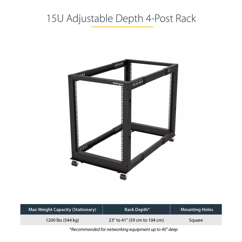 StarTech.com 4-Post 15U Mobile Open Frame Server Rack, Four Post 19 inch võrk Rack with Wheels, Rolling Rack with Adjustable Depth for Computer/AV/Data/IT Equipment - Casters, Leveling Feet or Floor Mounting