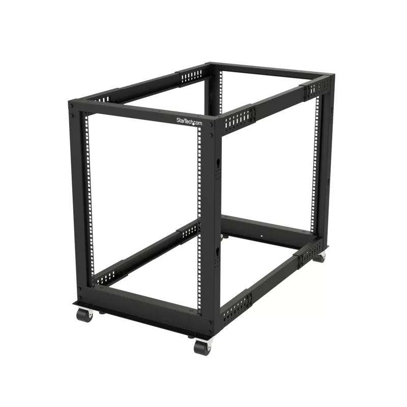 StarTech.com 4-Post 15U Mobile Open Frame Server Rack, Four Post 19 inch võrk Rack with Wheels, Rolling Rack with Adjustable Depth for Computer/AV/Data/IT Equipment - Casters, Leveling Feet or Floor Mounting