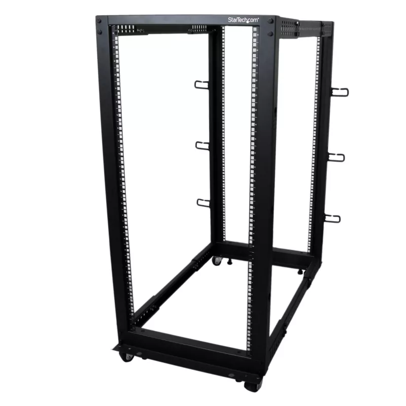 StarTech.com 4-Post 25U Mobile Open Frame Server Rack, Four Post 19in võrk Rack with Wheels, Rolling Rack with Adjustable Depth for Computer/AV/Data/IT Equipment - Casters, Leveling Feet or Floor Mounting