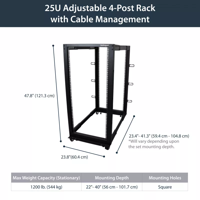 StarTech.com 4-Post 25U Mobile Open Frame Server Rack, Four Post 19in võrk Rack with Wheels, Rolling Rack with Adjustable Depth for Computer/AV/Data/IT Equipment - Casters, Leveling Feet or Floor Mounting