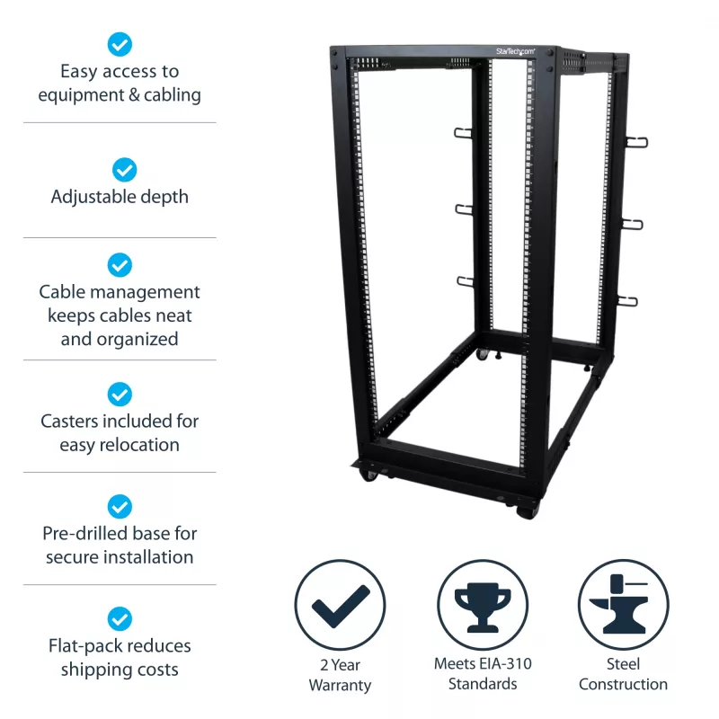 StarTech.com 4-Post 25U Mobile Open Frame Server Rack, Four Post 19in võrk Rack with Wheels, Rolling Rack with Adjustable Depth for Computer/AV/Data/IT Equipment - Casters, Leveling Feet or Floor Mounting