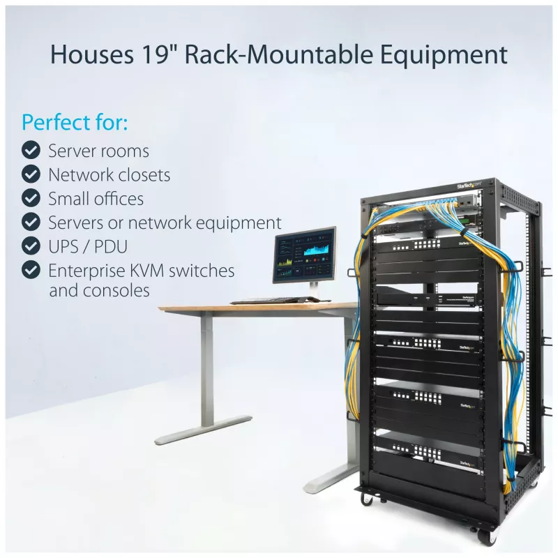 StarTech.com 4-Post 25U Mobile Open Frame Server Rack, Four Post 19in võrk Rack with Wheels, Rolling Rack with Adjustable Depth for Computer/AV/Data/IT Equipment - Casters, Leveling Feet or Floor Mounting