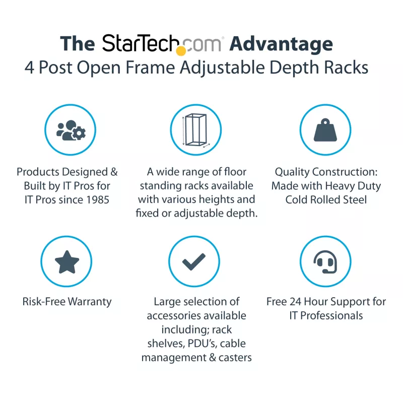 StarTech.com 4-Post 25U Mobile Open Frame Server Rack, Four Post 19in võrk Rack with Wheels, Rolling Rack with Adjustable Depth for Computer/AV/Data/IT Equipment - Casters, Leveling Feet or Floor Mounting