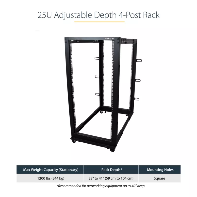 StarTech.com 4-Post 25U Mobile Open Frame Server Rack, Four Post 19in võrk Rack with Wheels, Rolling Rack with Adjustable Depth for Computer/AV/Data/IT Equipment - Casters, Leveling Feet or Floor Mounting