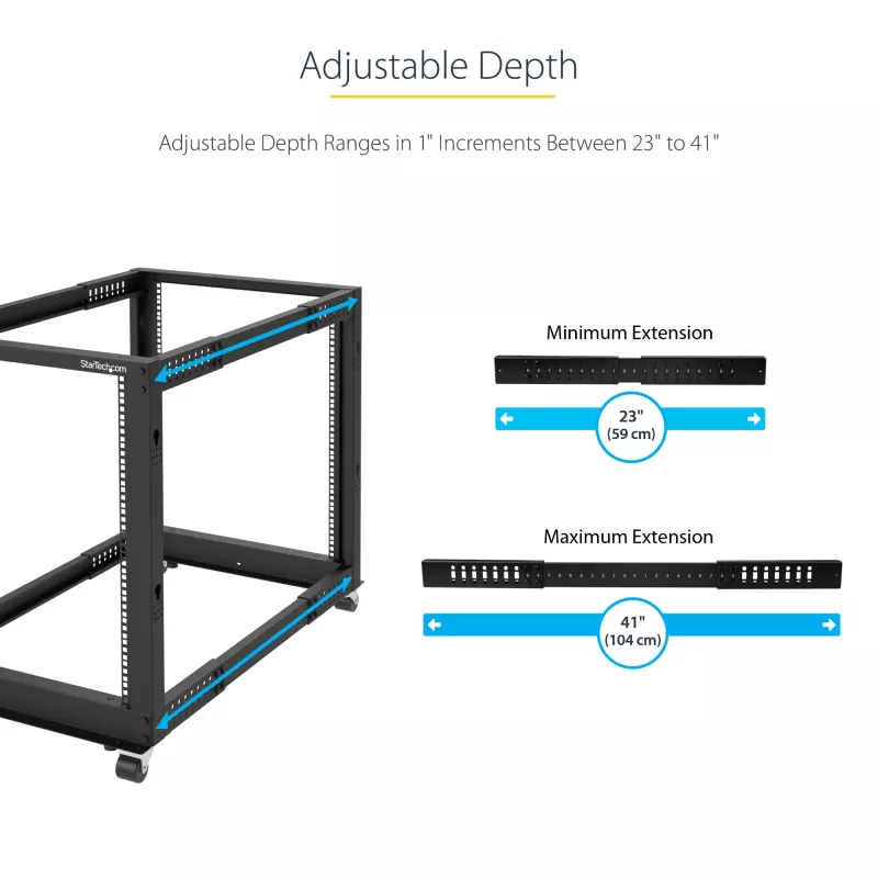 StarTech.com 4-Post 25U Mobile Open Frame Server Rack, Four Post 19in võrk Rack with Wheels, Rolling Rack with Adjustable Depth for Computer/AV/Data/IT Equipment - Casters, Leveling Feet or Floor Mounting
