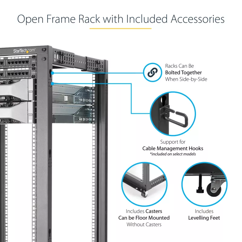 StarTech.com 4-Post 25U Mobile Open Frame Server Rack, Four Post 19in võrk Rack with Wheels, Rolling Rack with Adjustable Depth for Computer/AV/Data/IT Equipment - Casters, Leveling Feet or Floor Mounting