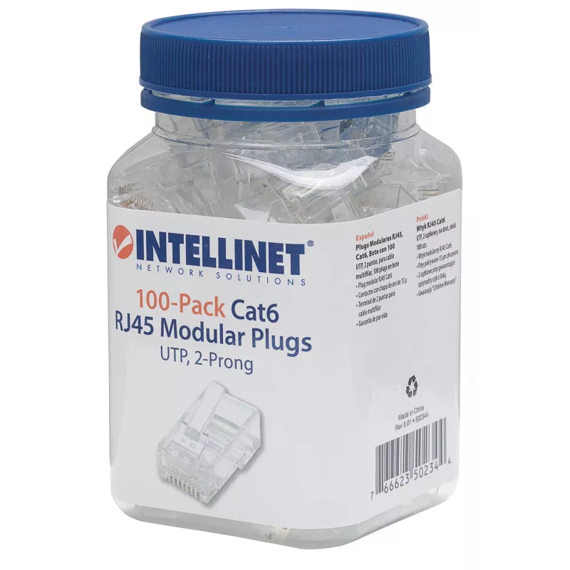 Intellinet RJ45 modulaarpistikud, Cat6, UTP, 2-hambaline, keerutatud juhtmele, 15 µ kullatud kontaktidega, 100 tk