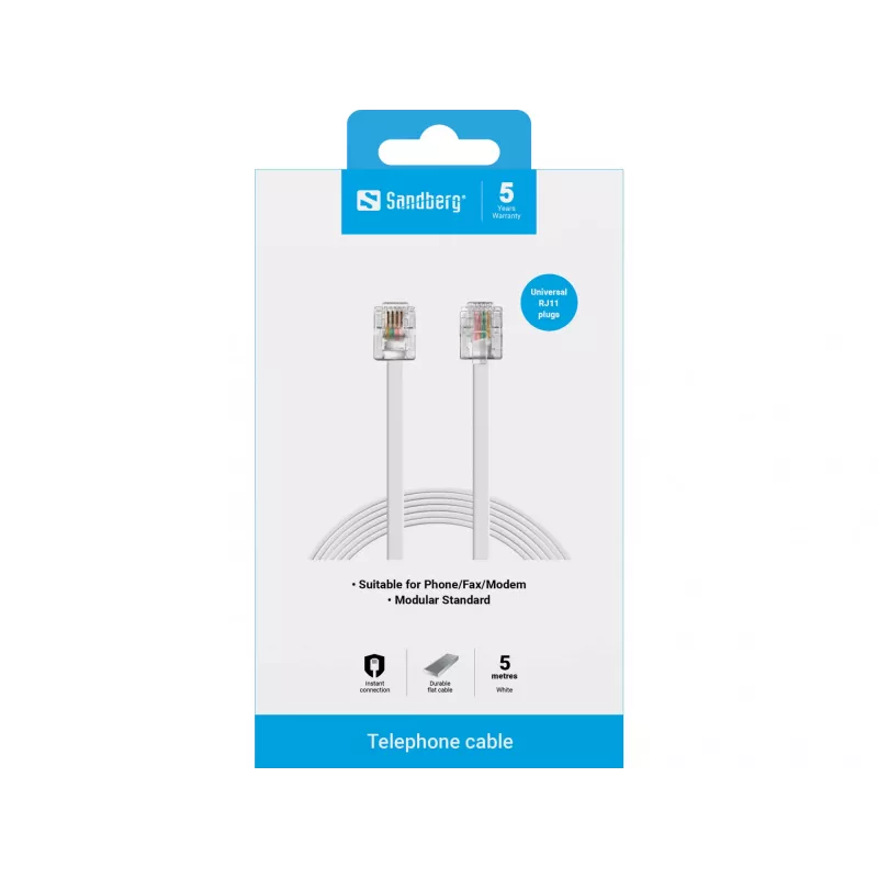 Sandberg Telephone RJ11-RJ11 5 m, 5 m, RJ11, RJ11, isane, isane, valge