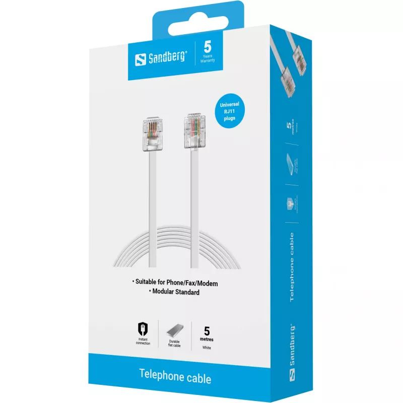 Sandberg Telephone RJ11-RJ11 5 m, 5 m, RJ11, RJ11, isane, isane, valge