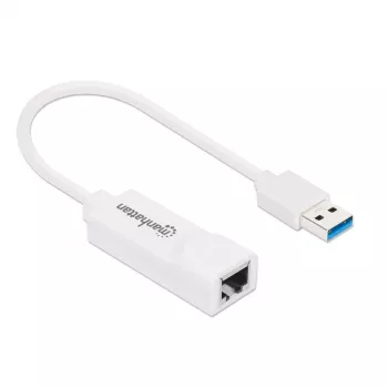 Manhattan USB-A Gigabit võrguadapter, valge, 10/100/1000 Mbps võrk, USB 3.0, Ethernet, RJ45, kolmeaastane garantii, võrdväärne USB31000SW-ga.