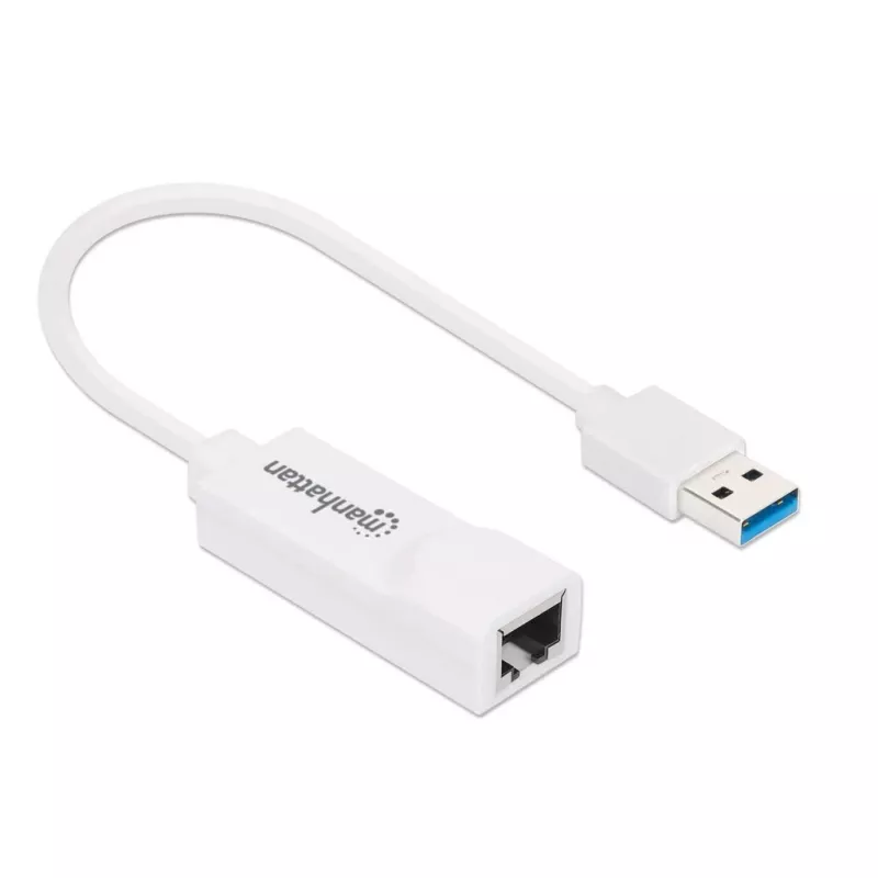 Manhattan USB-A Gigabit võrguadapter, valge, 10/100/1000 Mbps võrk, USB 3.0, Ethernet, RJ45, kolmeaastane garantii, võrdväärne USB31000SW-ga.