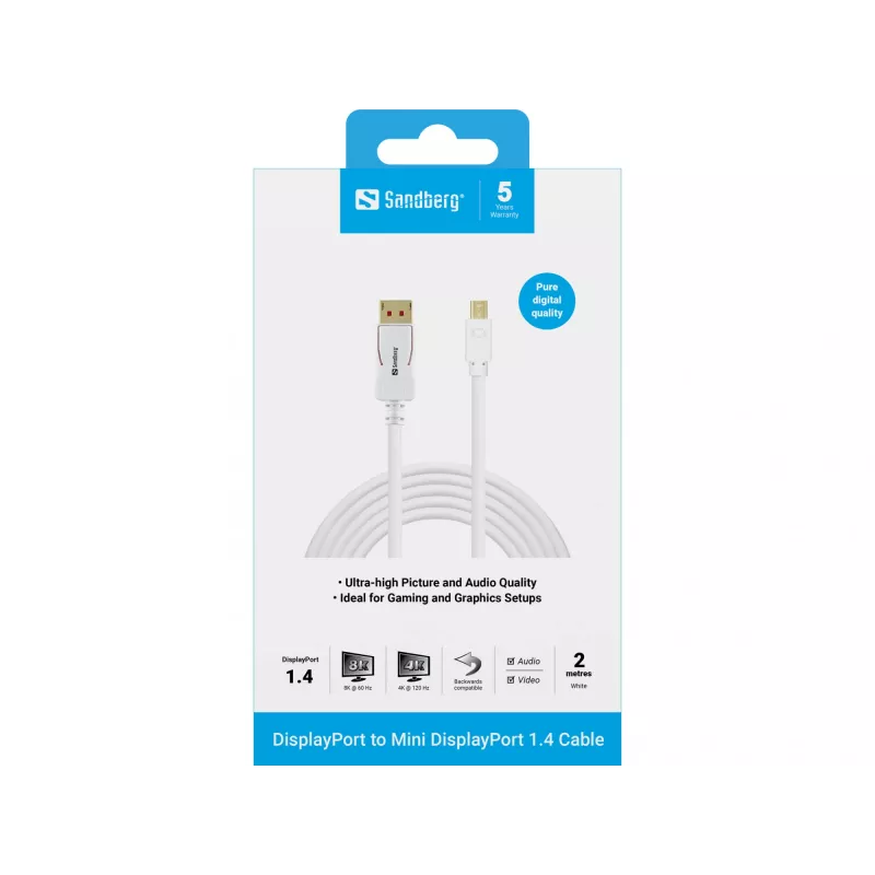 Sandberg DP-MiniDP 1.4 8K60Hz 2m, 2 m, DisplayPort, Mini DisplayPort, isane, isane, 7680 x 4320 pikslit