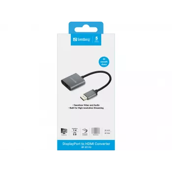 Sandberg DisplayPort 1.4 HDMI 2.0 4K adapter, DisplayPort, HDMI tüüp A (standard), isane, emane, 3840 x 2160 pikslit, 6 Gbit/s