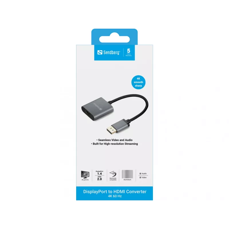 Sandberg DisplayPort 1.4 HDMI 2.0 4K adapter, DisplayPort, HDMI tüüp A (standard), isane, emane, 3840 x 2160 pikslit, 6 Gbit/s