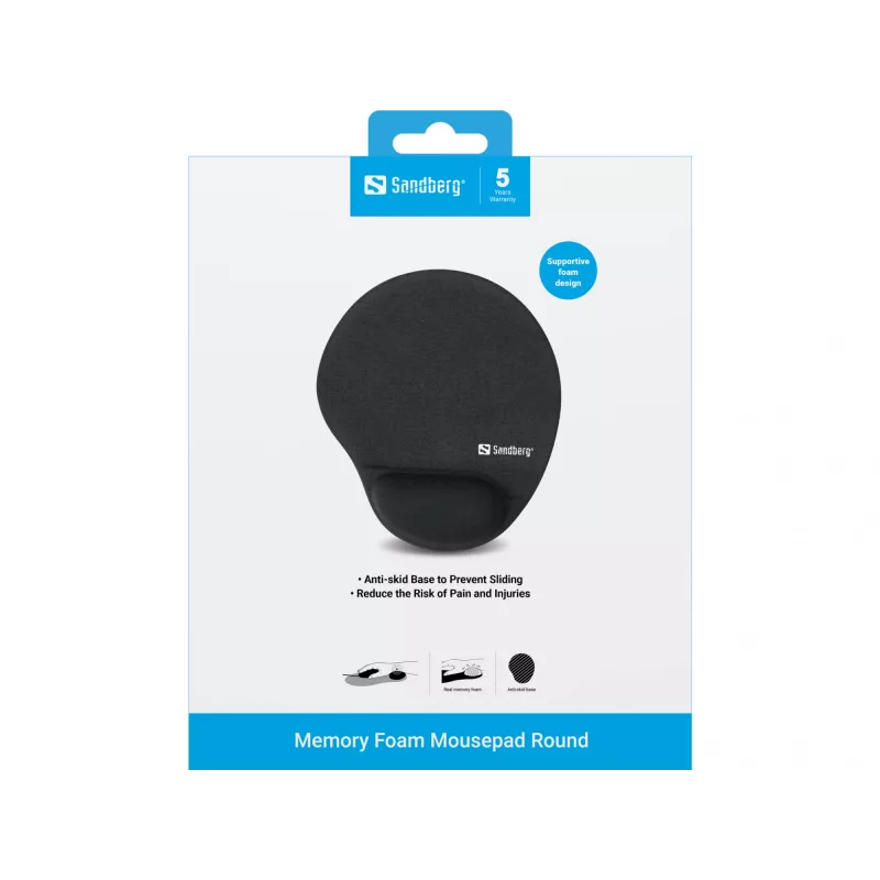 Sandberg Memory Foam hiirpad Round, must, ühevärviline, mäluvahust, randmetugi, libisemiskindel alus