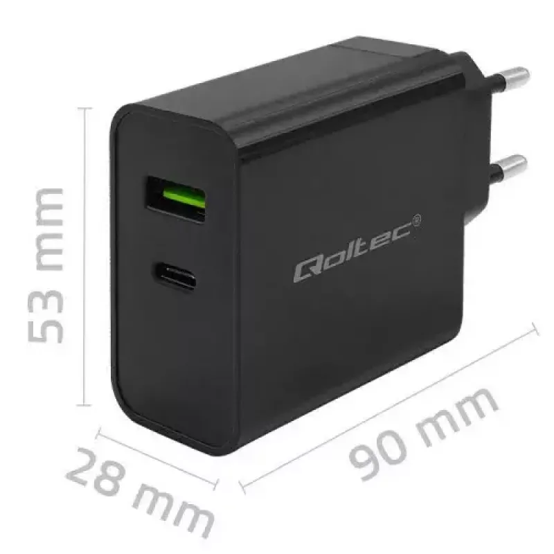 Laadija Qoltec 52378 sise-AC kiirlaadimine 3A USB USB-C must