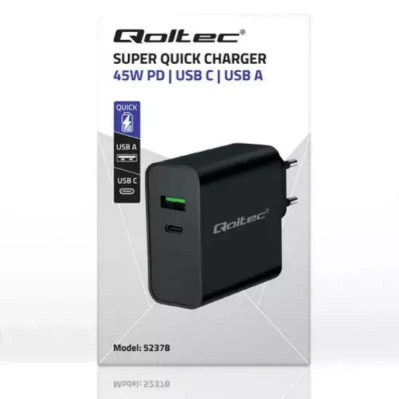 Laadija Qoltec 52378 sise-AC kiirlaadimine 3A USB USB-C must