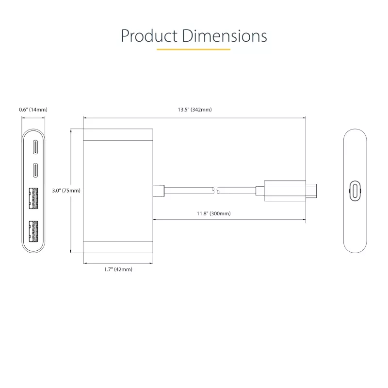 StarTech.com 4-pordiline USB-C-jaotur 100 W toiteedastuse läbipääsuga – 2x USB-A + 2x USB-C – USB 3.0 5 Gbit/s – 1 jala (30 cm) pikk kaabel – kaasaskantav USB USB-C–USB-A/C jaotur