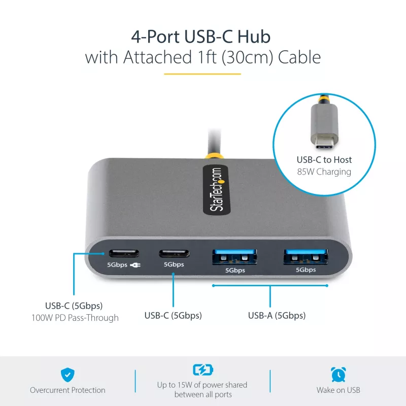 StarTech.com 4-pordiline USB-C-jaotur 100 W toiteedastuse läbipääsuga – 2x USB-A + 2x USB-C – USB 3.0 5 Gbit/s – 1 jala (30 cm) pikk kaabel – kaasaskantav USB USB-C–USB-A/C jaotur