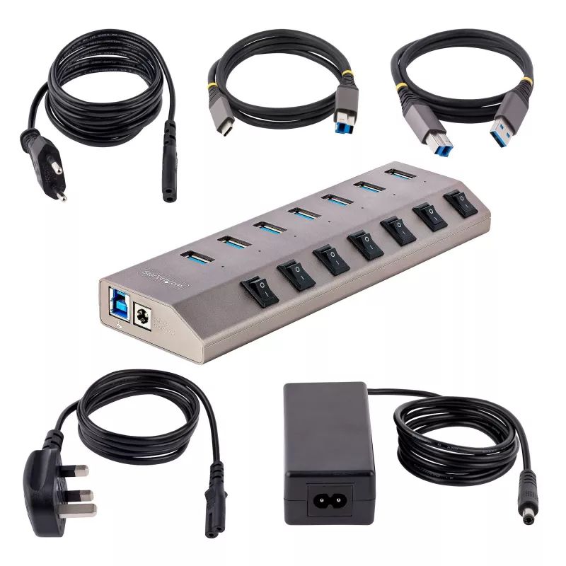 StarTech.com 7-pordiline toitega USB-C jaotur individuaalsete sisse-/väljalülituslülititega, USB 3.0 5 Gbps laiendusjaotur toiteplokiga, laua-/sülearvuti USB-C–USB-A jaotur, USB USB-C jaotur BC 1.2-ga