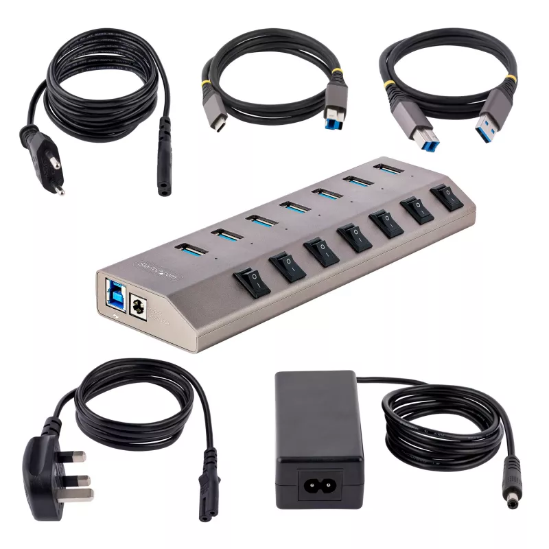 StarTech.com 7-pordiline toitega USB-C jaotur individuaalsete sisse-/väljalülituslülititega, USB 3.0 5 Gbps laiendusjaotur toiteplokiga, laua-/sülearvuti USB-C–USB-A jaotur, USB USB-C jaotur BC 1.2-ga